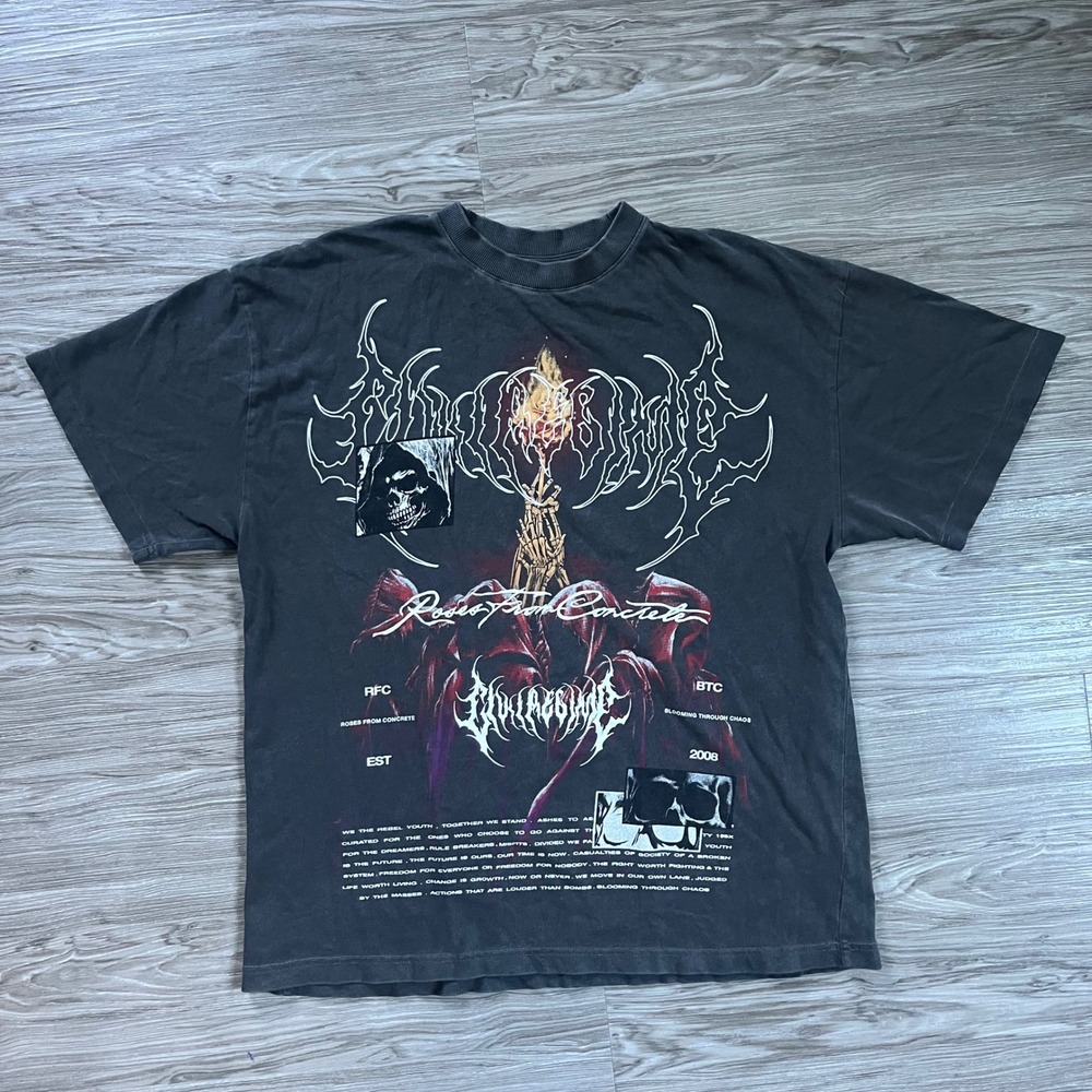 Civil Regime Roses From Concrete Washed Black Graphic T-Shirt Mens Large Skull